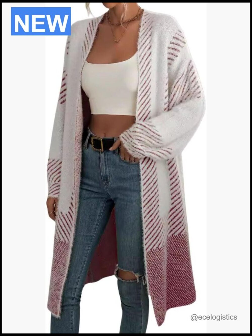 Color Block Striped Fuzzy Long Cardigan Sweater Open Front Knit Jacket